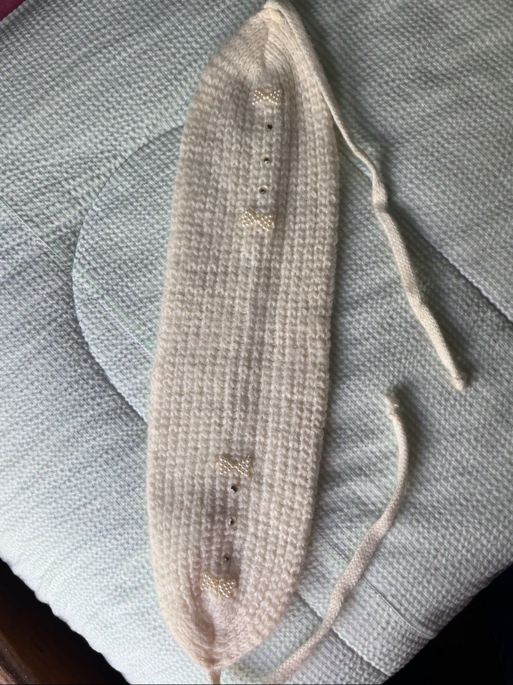 Vintage Hand-Knit Cream Beaded Headband